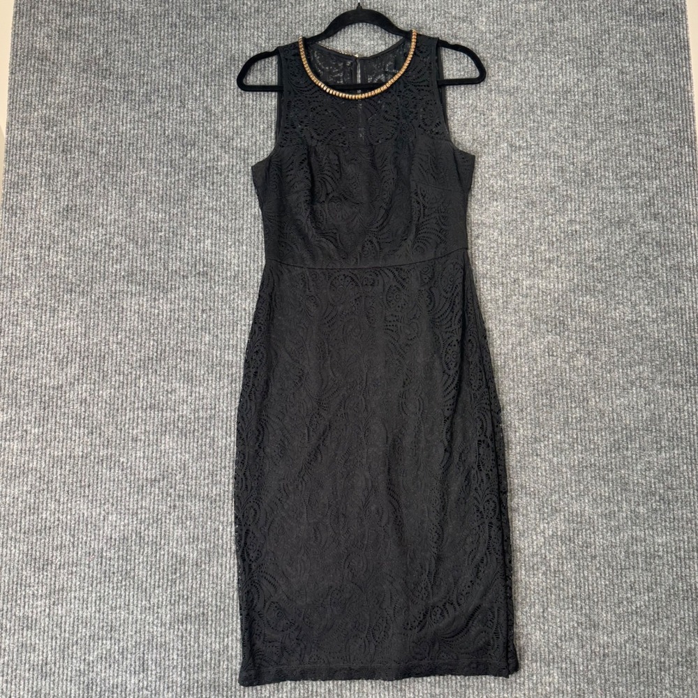 Jessica Simpson Womens 8 Black Lace Dress Gold Beaded‎ Neck Whimsygoth Romantic